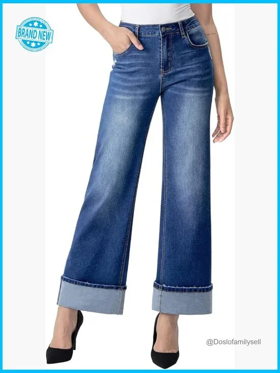 Wide Leg Jeans High Waisted Stretchy Cuffed Baggy Denim Pants Y2K - Picture 1 of 6
